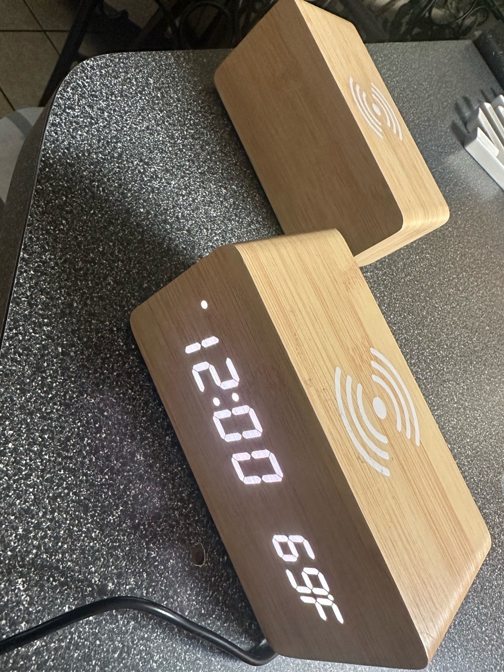 2 Bamboo LED Digital Alarm Clocks with Wireless Charging